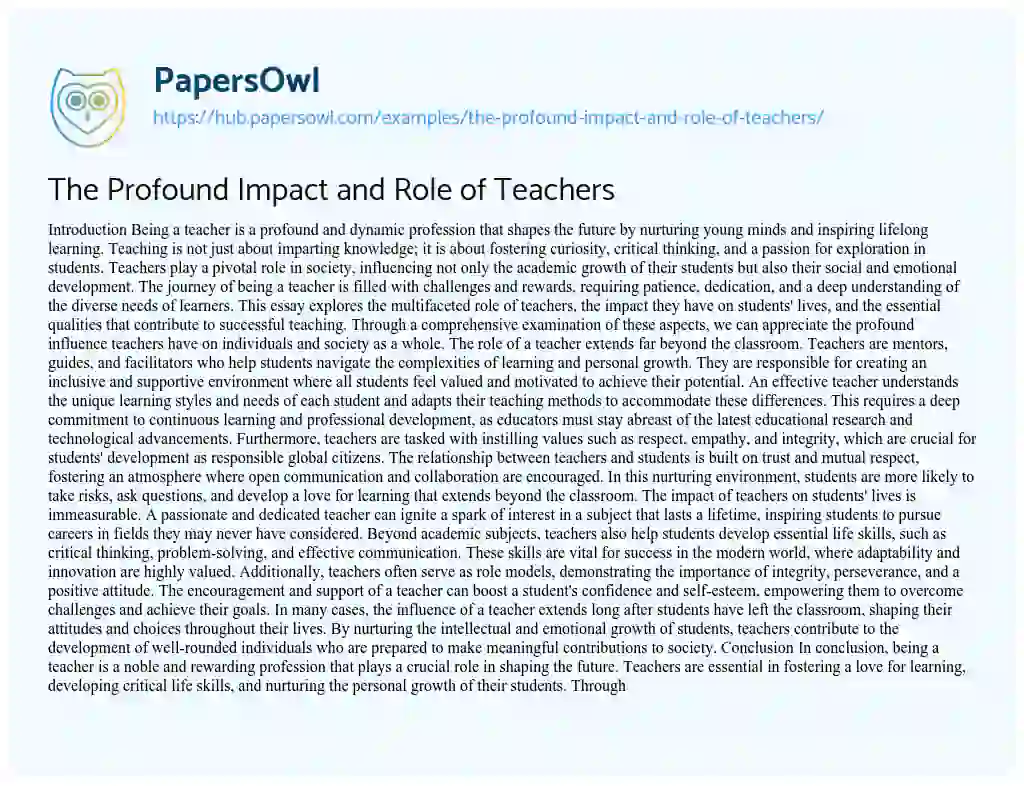 Essay on The Profound Impact and Role of Teachers