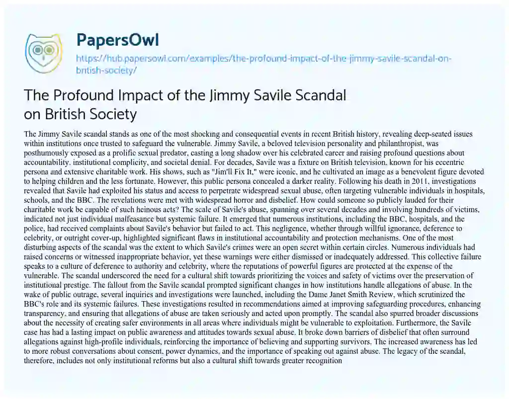 Essay on The Profound Impact of the Jimmy Savile Scandal on British Society