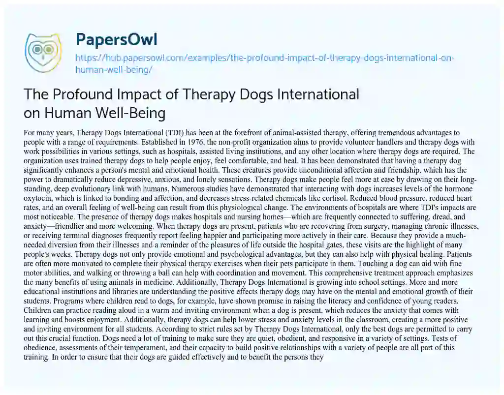 Essay on The Profound Impact of Therapy Dogs International on Human Well-Being