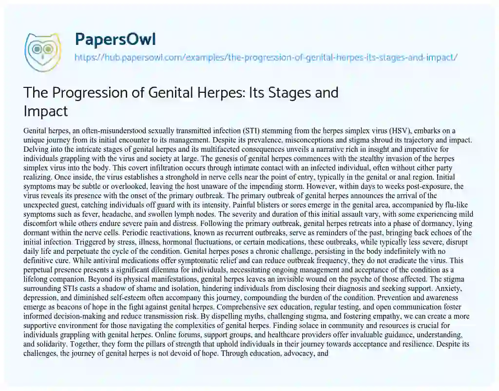 Essay on The Progression of Genital Herpes: Its Stages and Impact