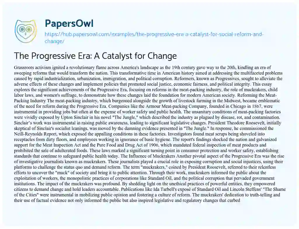 Essay on The Progressive Era: A Catalyst for Change