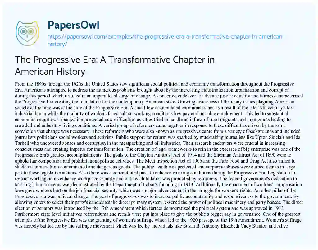 Essay on The Progressive Era: A Transformative Chapter in American History