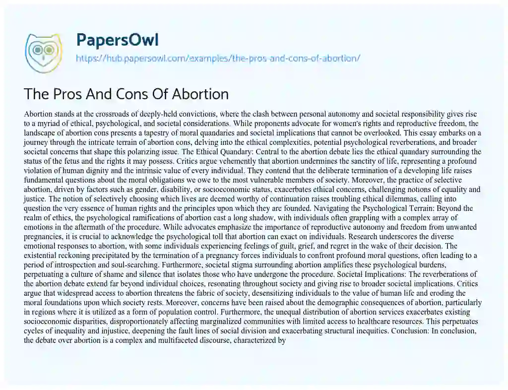 Essay on The Pros And Cons Of Abortion