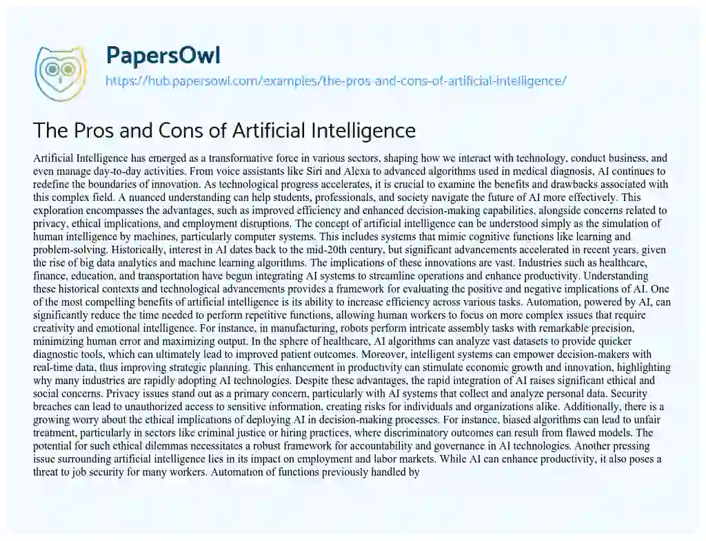 Essay on The Pros and Cons of Artificial Intelligence