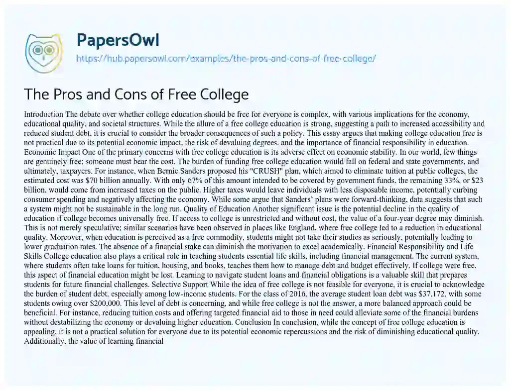 Essay on The Pros and Cons of Free College