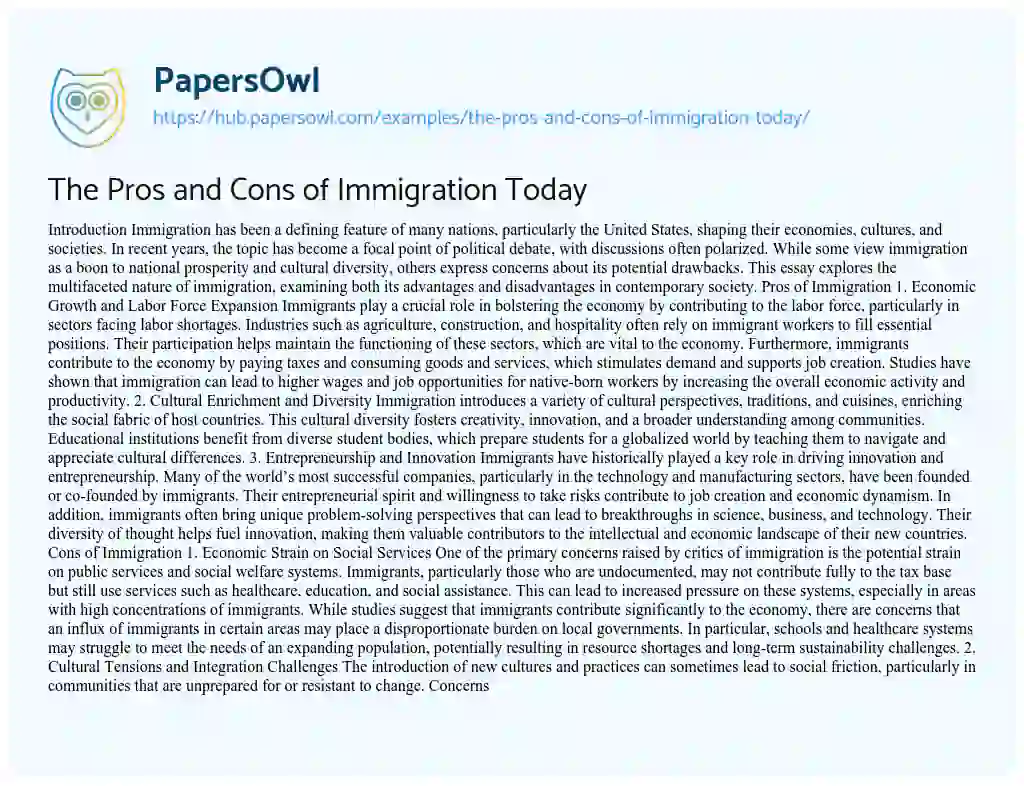 Essay on The Pros and Cons of Immigration Today