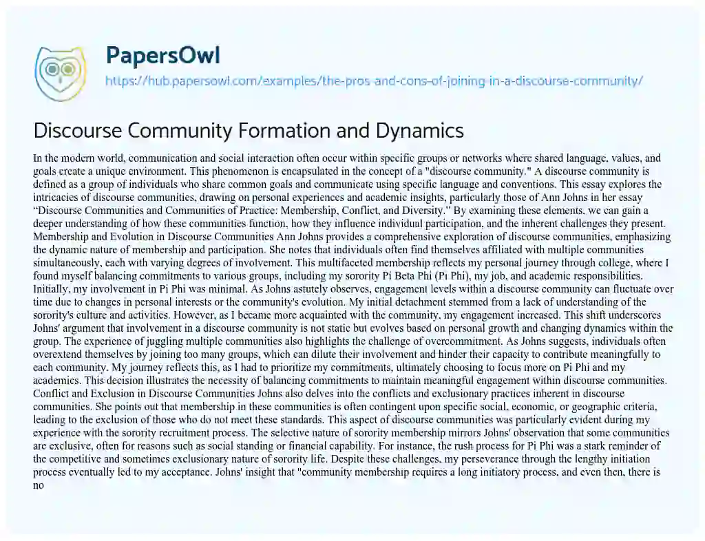 Essay on Discourse Community Formation and Dynamics