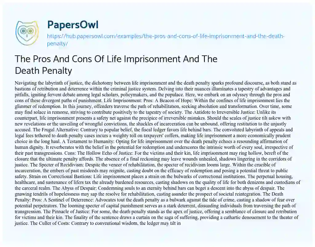 Essay on The Pros And Cons Of Life Imprisonment And The Death Penalty