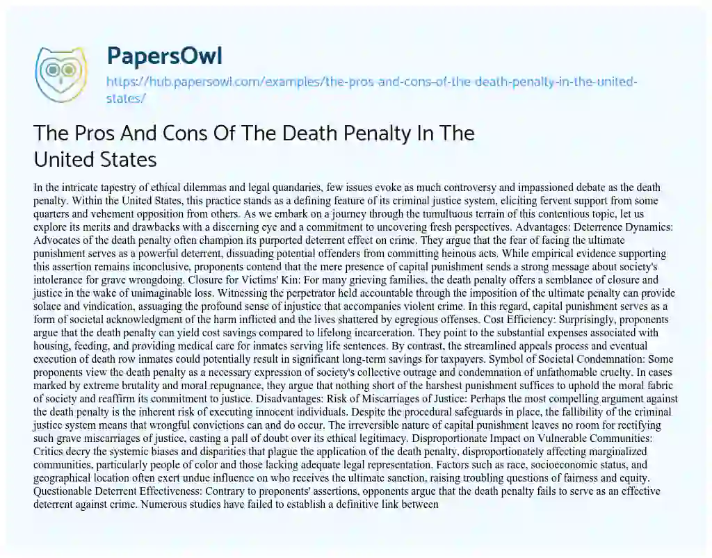 Essay on The Pros And Cons Of The Death Penalty In The United States