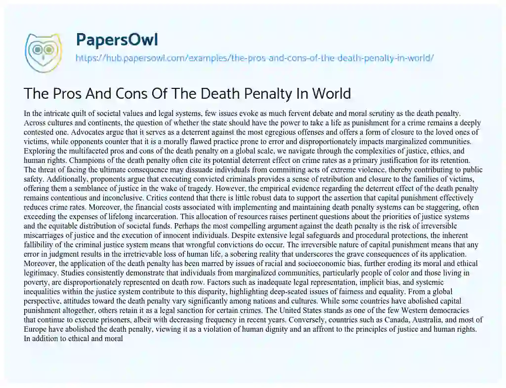Essay on The Pros And Cons Of The Death Penalty In World