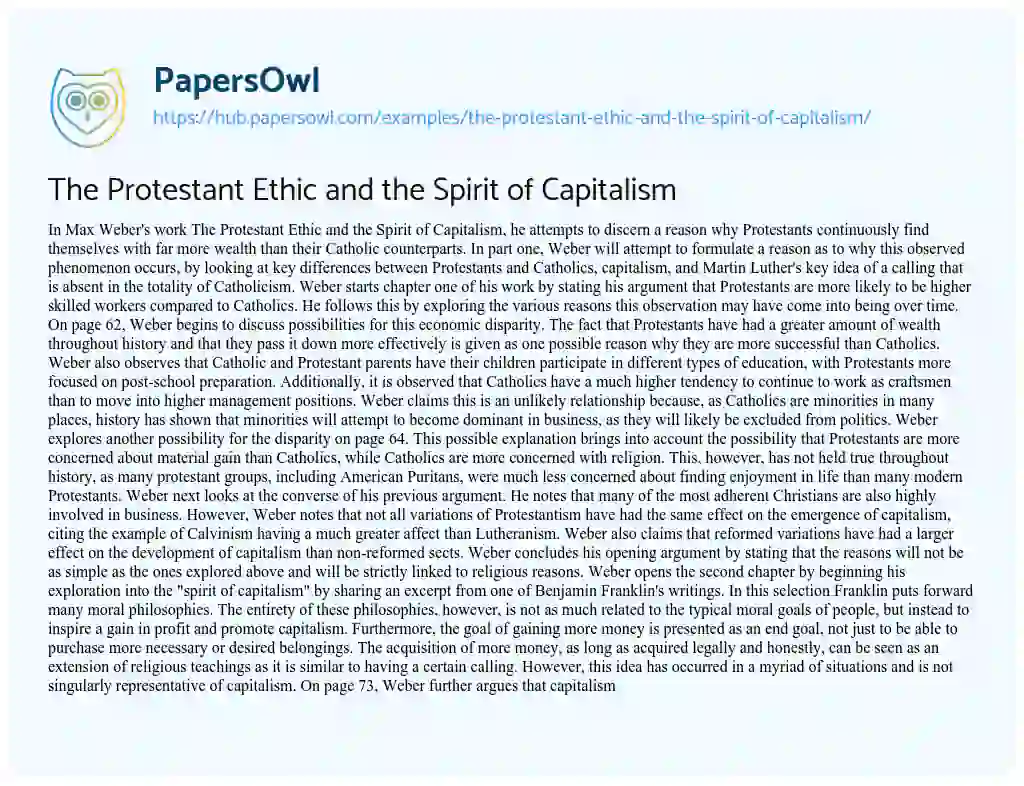 Essay on The Protestant Ethic and the Spirit of Capitalism
