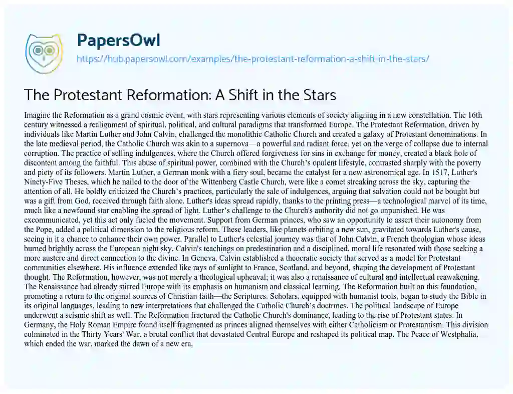 Essay on The Protestant Reformation: A Shift in the Stars