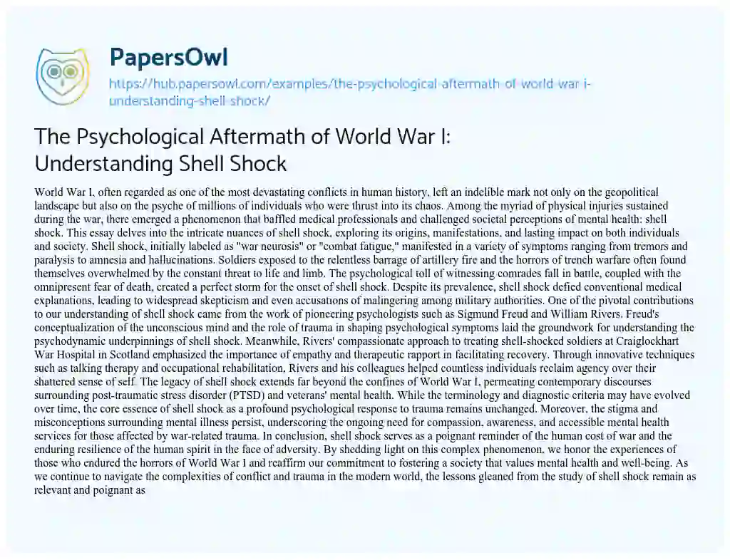 Essay on The Psychological Aftermath of World War I: Understanding Shell Shock