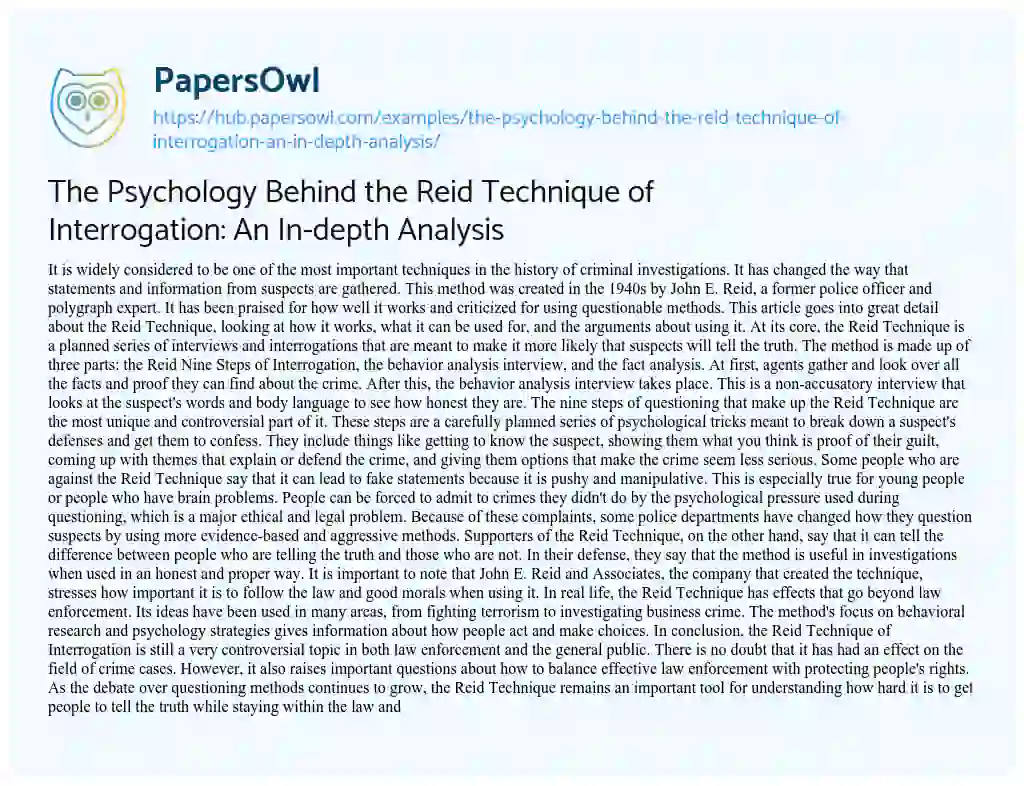 Essay on The Psychology Behind the Reid Technique of Interrogation: An In-depth Analysis