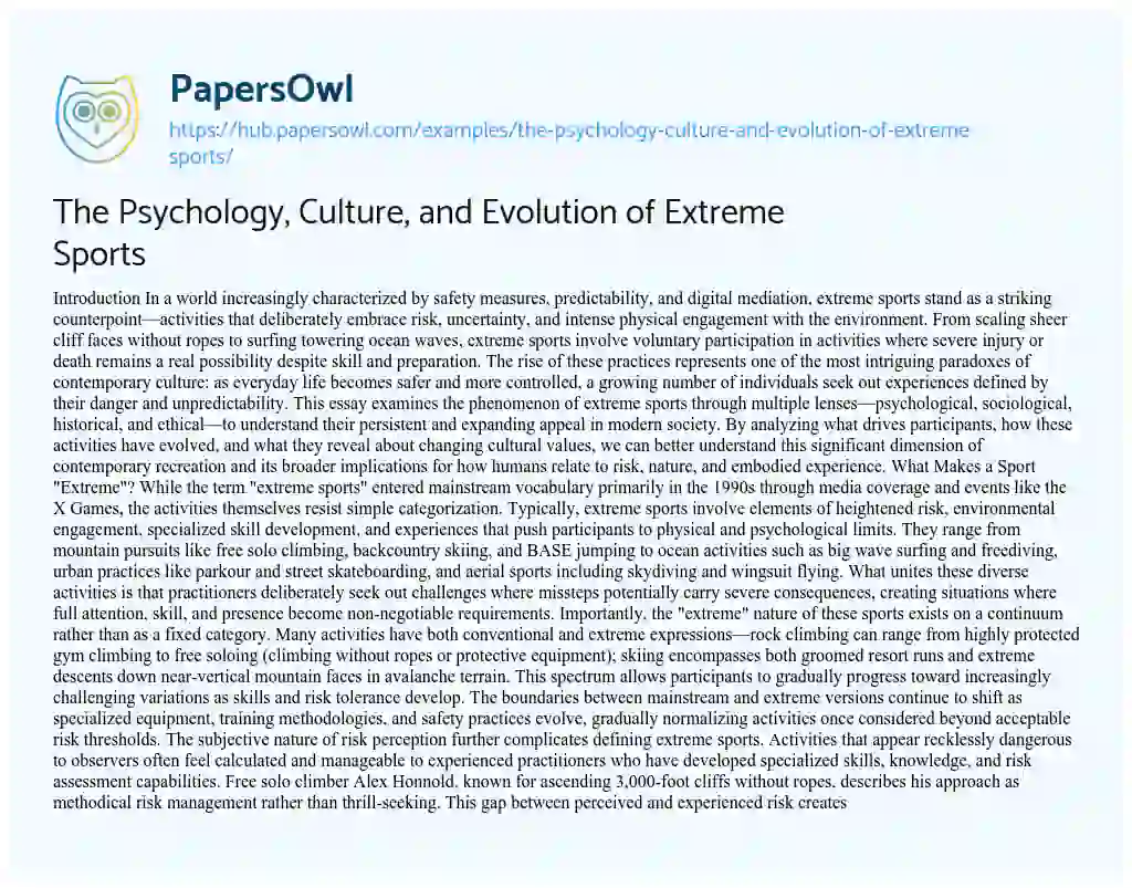 Essay on The Psychology, Culture, and Evolution of Extreme Sports