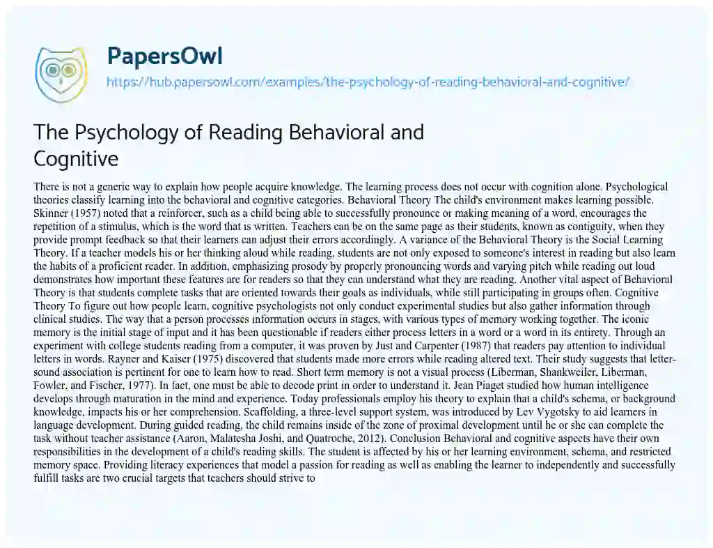 Essay on The Psychology of Reading Behavioral and Cognitive