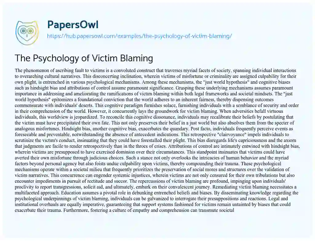 Essay on The Psychology of Victim Blaming