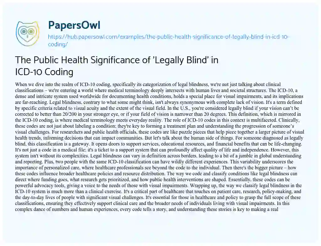 Essay on The Public Health Significance of ‘Legally Blind’ in ICD-10 Coding