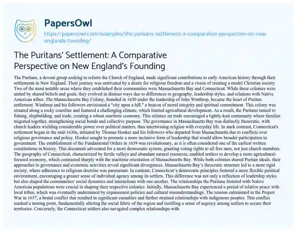 Essay on The Puritans’ Settlement: A Comparative Perspective on New England’s Founding
