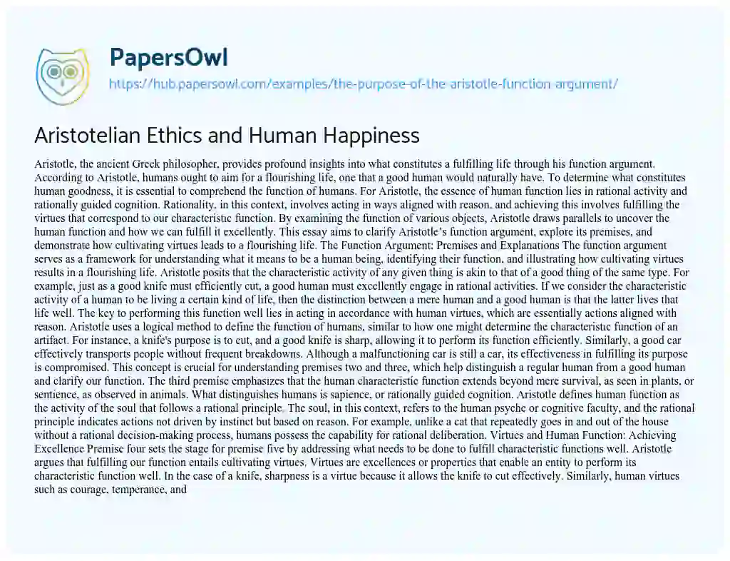 Essay on Aristotelian Ethics and Human Happiness
