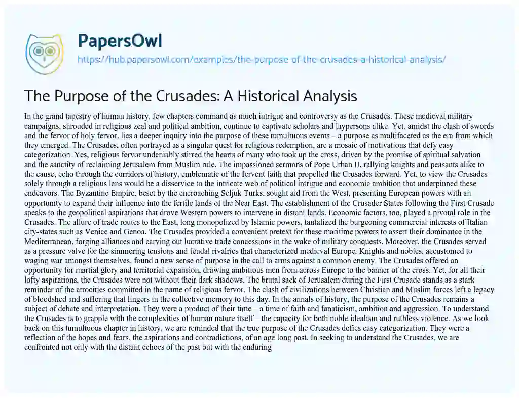 Essay on The Purpose of the Crusades: A Historical Analysis