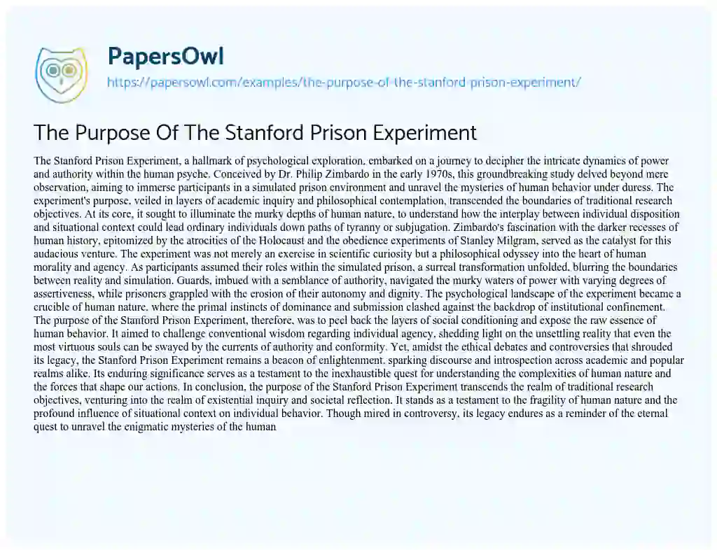 Essay on The Purpose Of The Stanford Prison Experiment