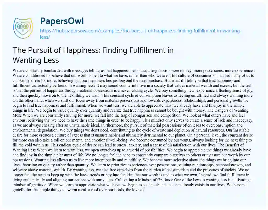 Essay on The Pursuit of Happiness: Finding Fulfillment in Wanting Less