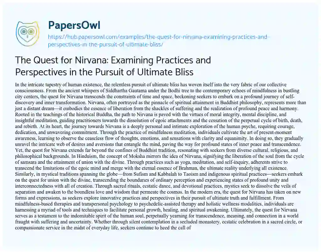 Essay on The Quest for Nirvana: Examining Practices and Perspectives in the Pursuit of Ultimate Bliss