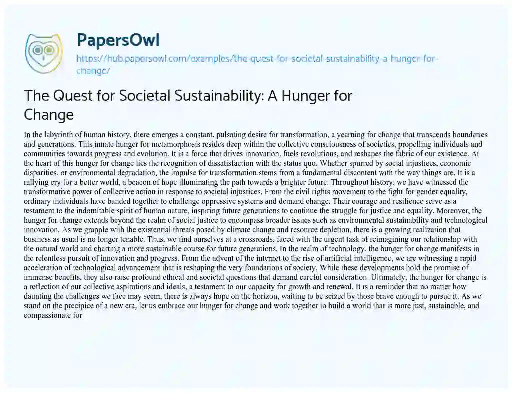 Essay on The Quest for Societal Sustainability: A Hunger for Change