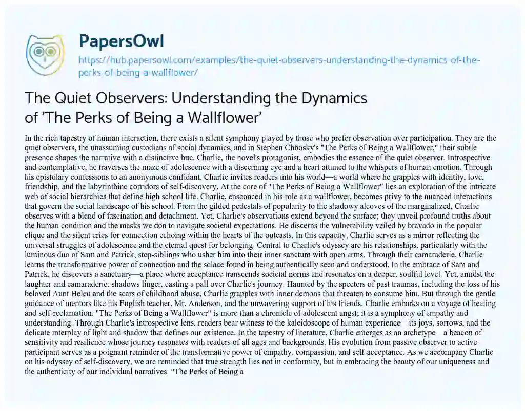Essay on The Quiet Observers: Understanding the Dynamics of ‘The Perks of Being a Wallflower’