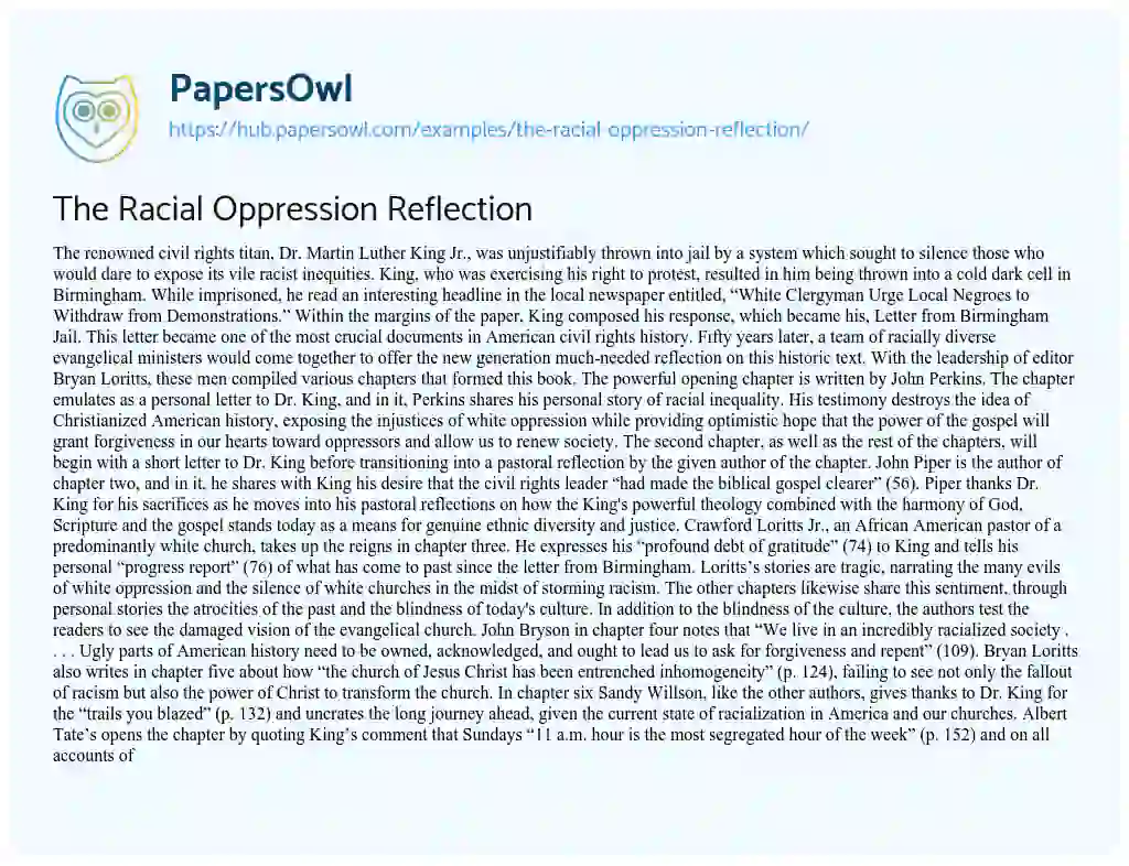 Essay on The Racial Oppression Reflection