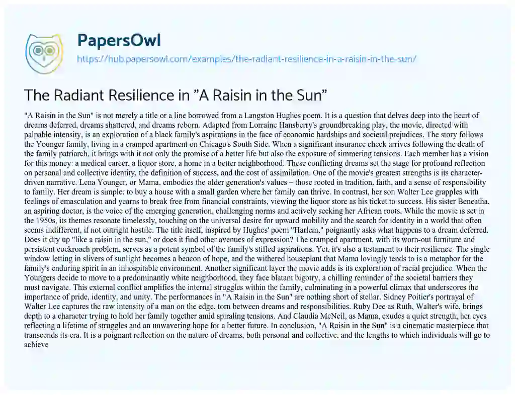 Essay on The Radiant Resilience in “A Raisin in the Sun”