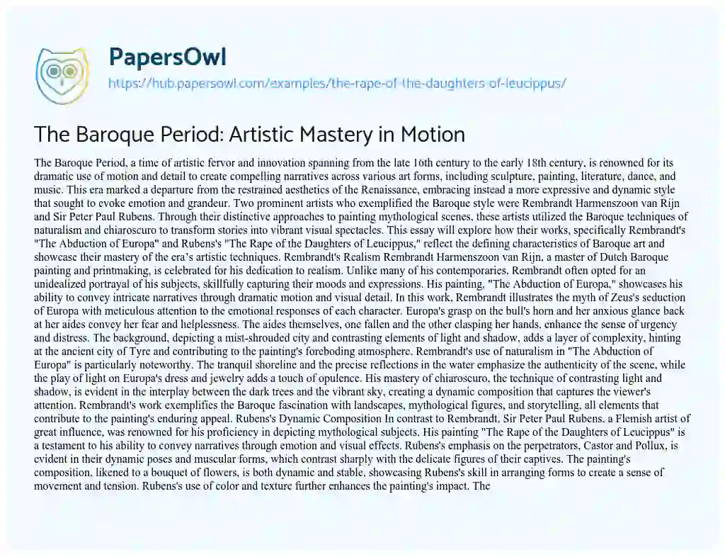Essay on The Baroque Period: Artistic Mastery in Motion
