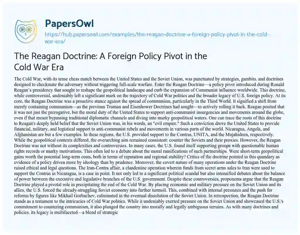 Essay on The Reagan Doctrine: A Foreign Policy Pivot in the Cold War Era