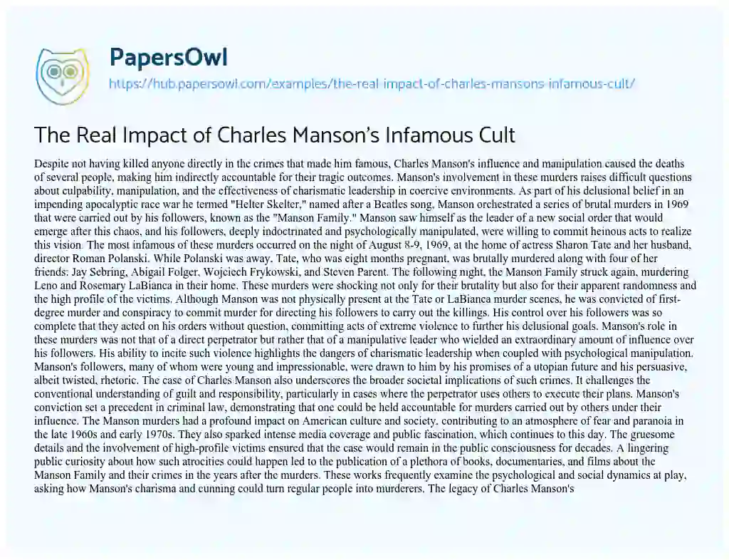 Essay on The Real Impact of Charles Manson’s Infamous Cult