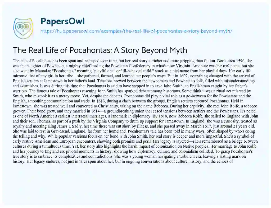 Essay on The Real Life of Pocahontas: A Story Beyond Myth