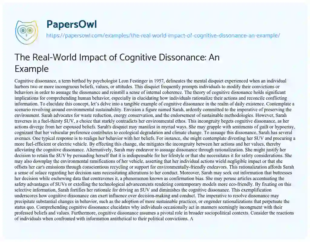 Essay on The Real-World Impact of Cognitive Dissonance: An Example