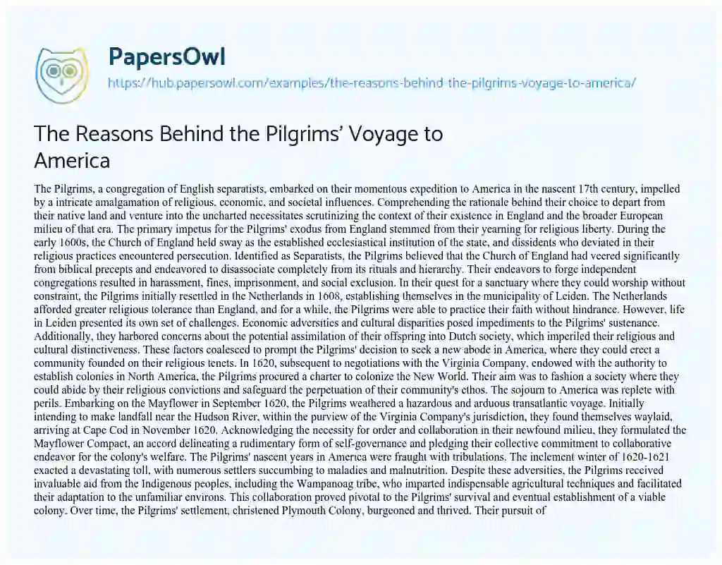 Essay on The Reasons Behind the Pilgrims’ Voyage to America