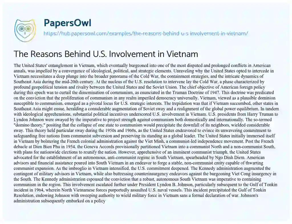 Essay on The Reasons Behind U.S. Involvement in Vietnam