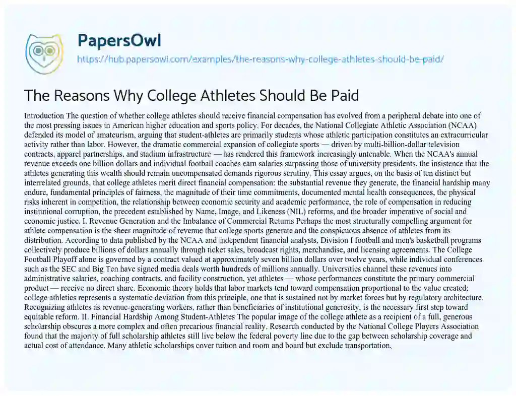 Essay on The Reasons Why College Athletes Should Be Paid