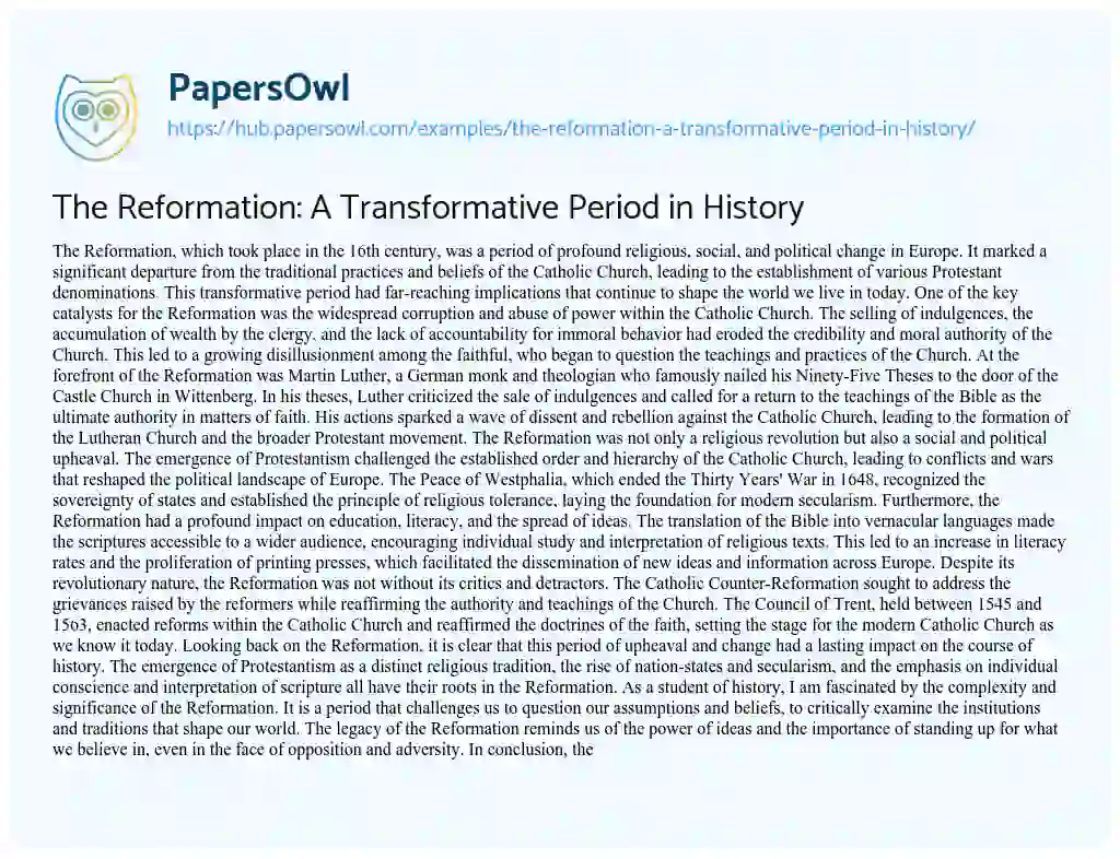 Essay on The Reformation: A Transformative Period in History