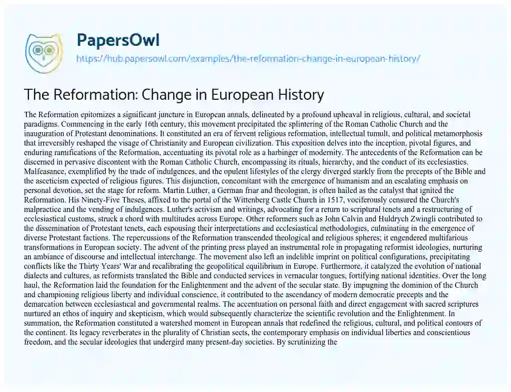 Essay on The Reformation: Change in European History