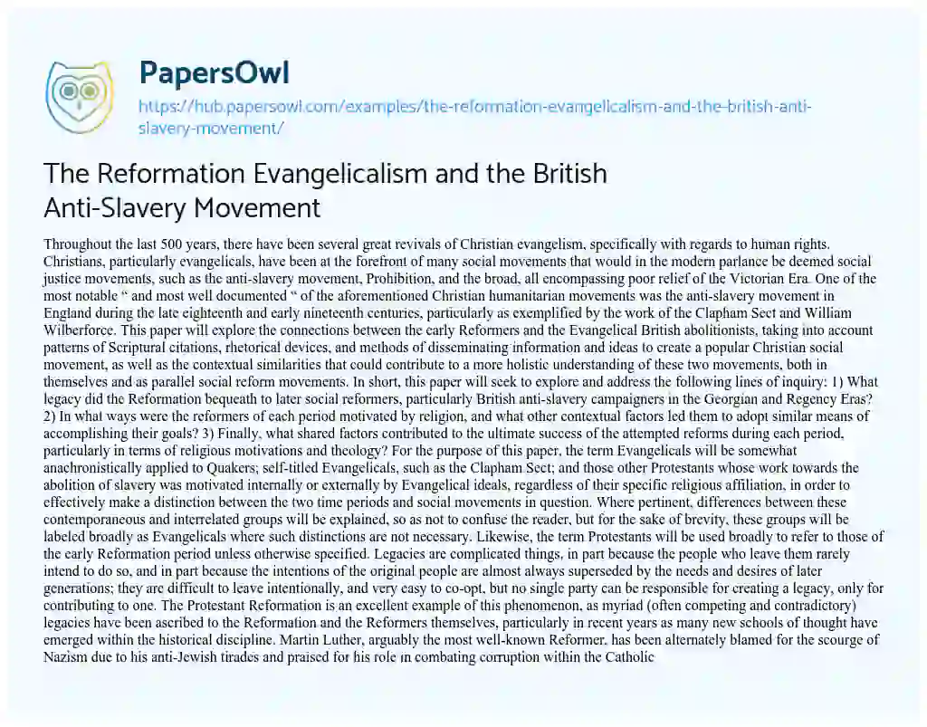 Essay on The Reformation Evangelicalism and the British Anti-Slavery Movement