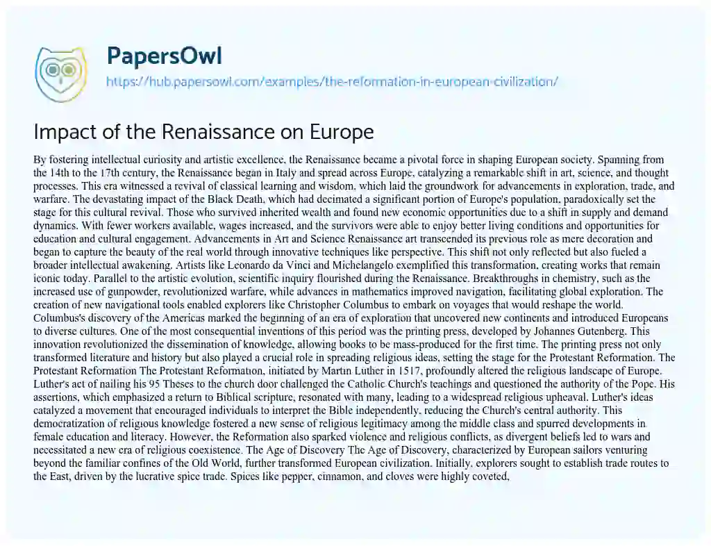 Essay on Impact of the Renaissance on Europe