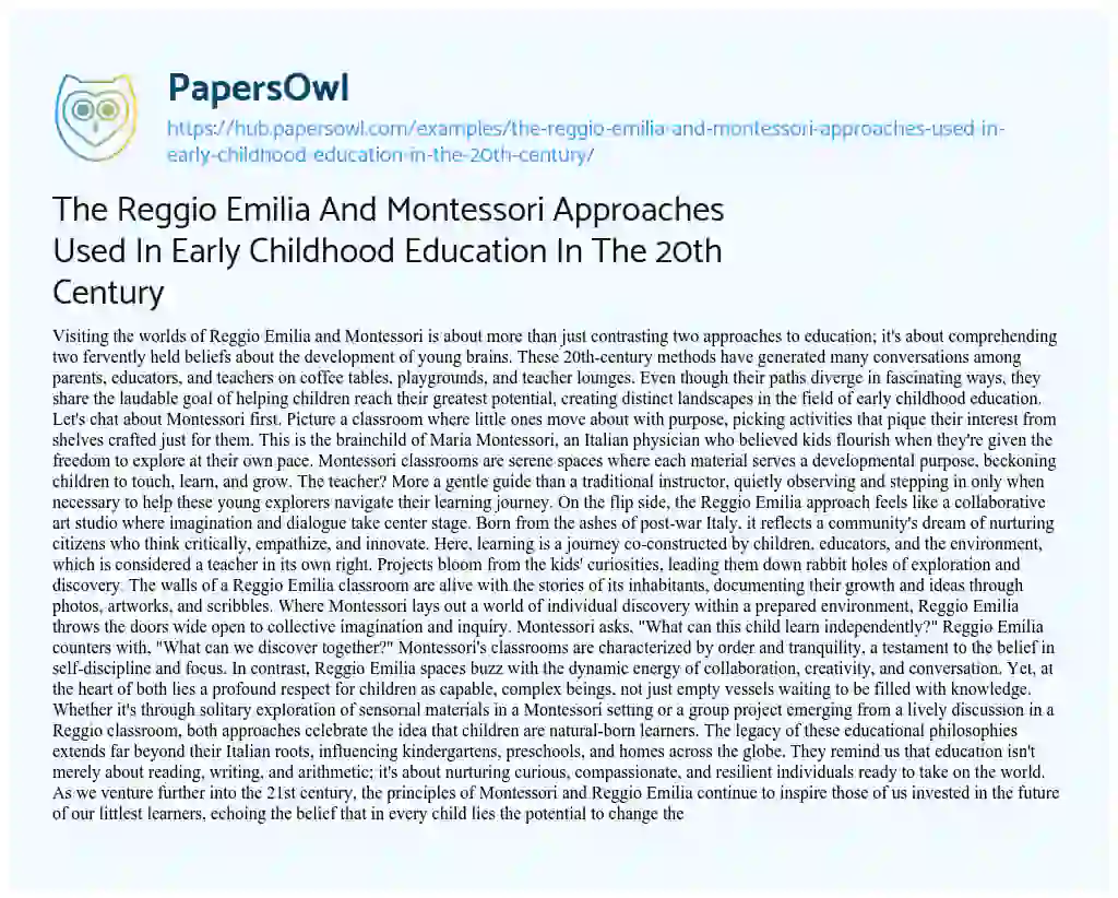 Essay on The Reggio Emilia And Montessori Approaches Used In Early Childhood Education In The 20th Century