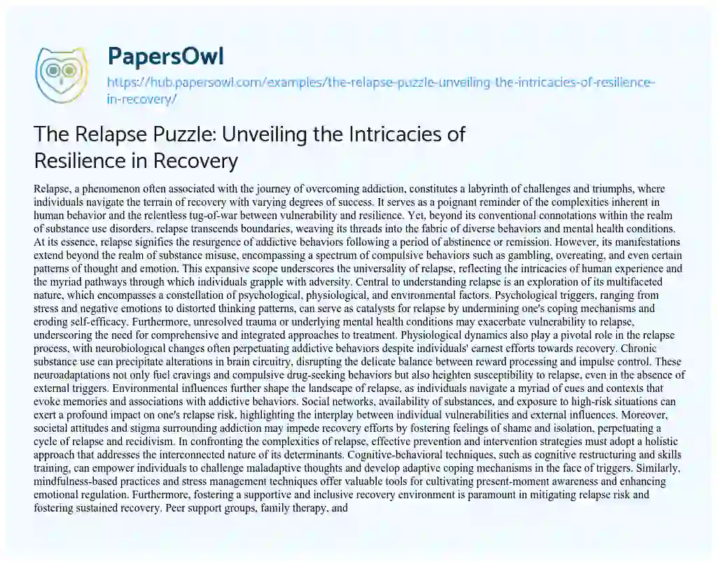 Essay on The Relapse Puzzle: Unveiling the Intricacies of Resilience in Recovery