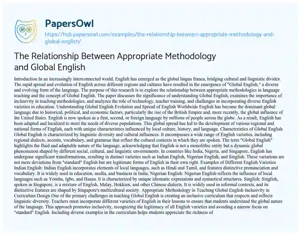 Essay on The Relationship Between Appropriate Methodology and Global English