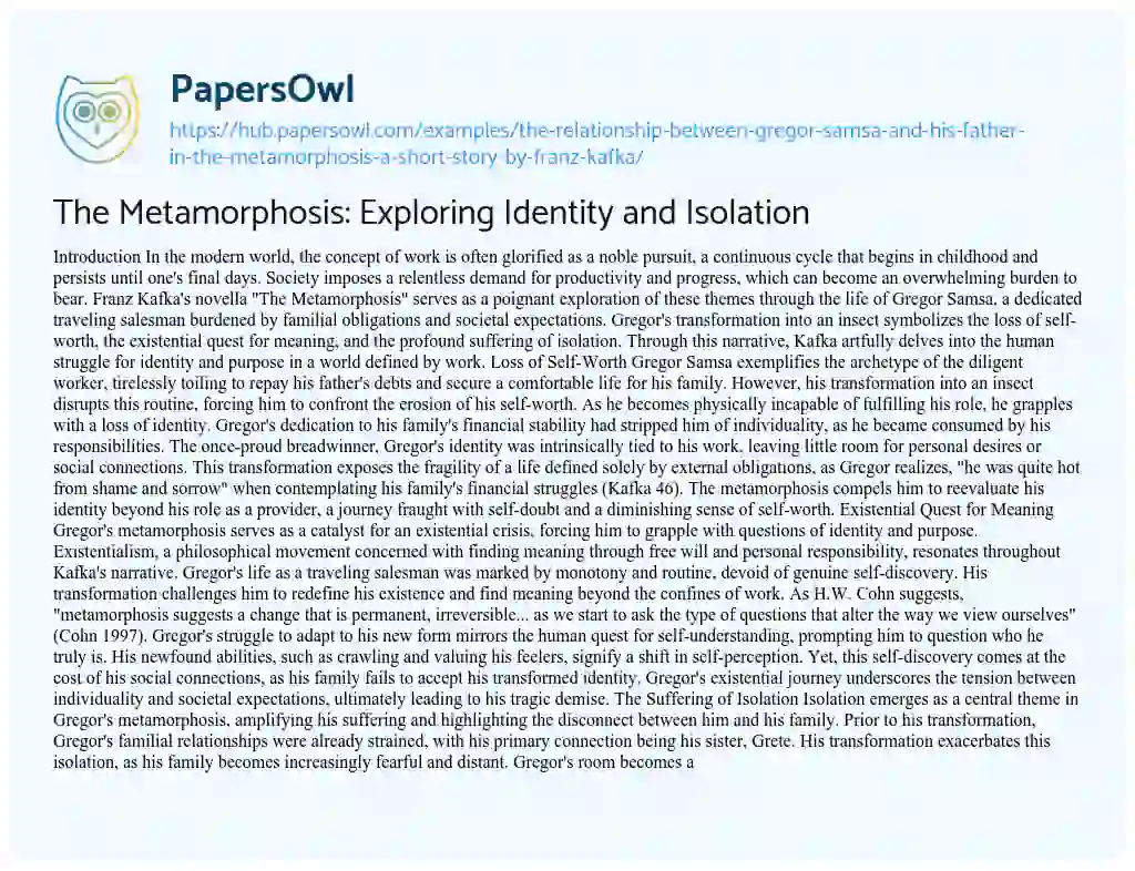 Essay on The Metamorphosis: Exploring Identity and Isolation