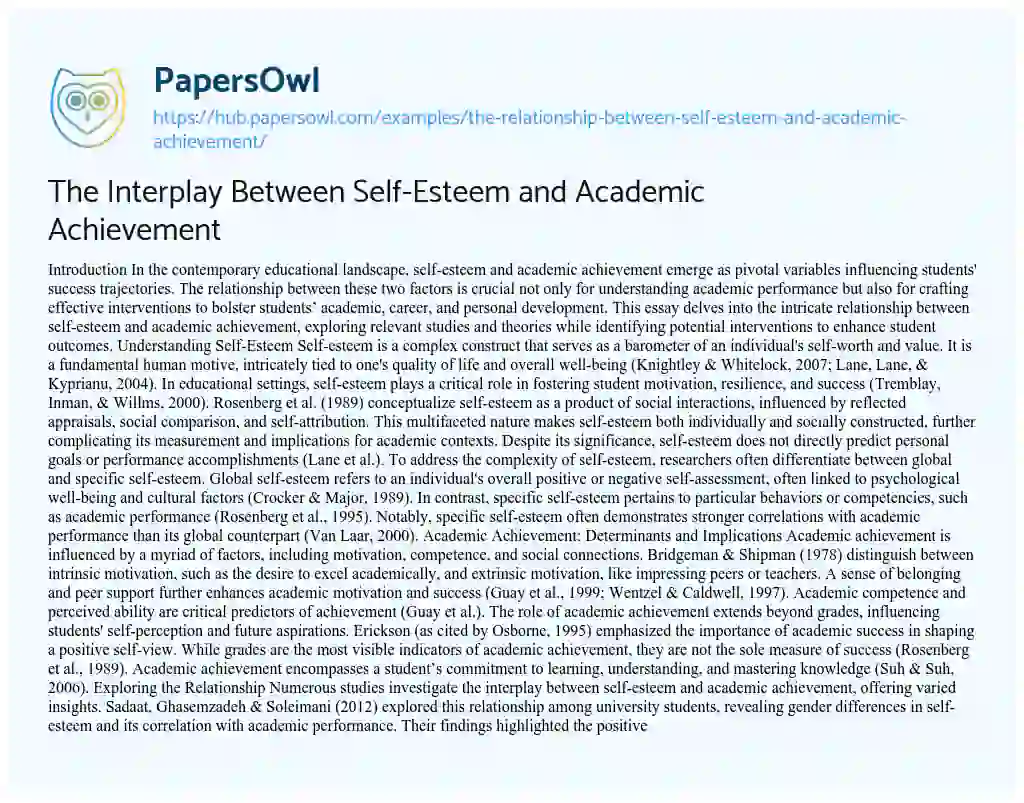 Essay on The Interplay Between Self-Esteem and Academic Achievement