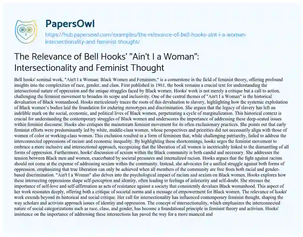 Essay on The Relevance of Bell Hooks’ “Ain’t I a Woman”: Intersectionality and Feminist Thought
